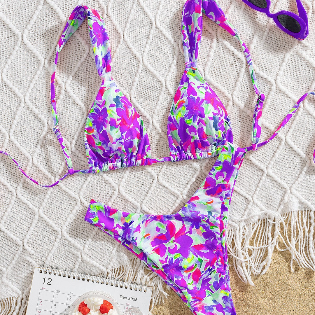 Damen Triangel-Bikini mit buntem Blumendesign und verstellbaren Trägern EB