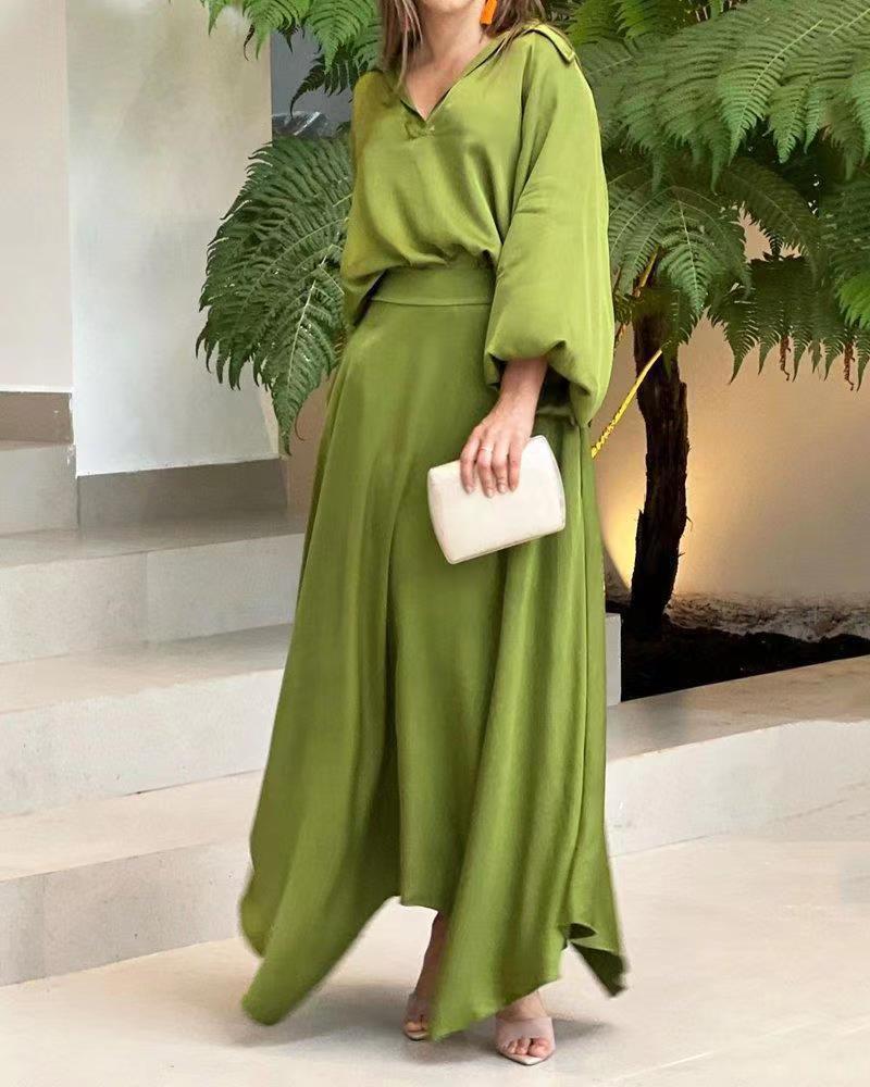 Damen Elegantes Wickelmaxikleid mit weit ausgestellten Ärmeln und V-Ausschnitt EB