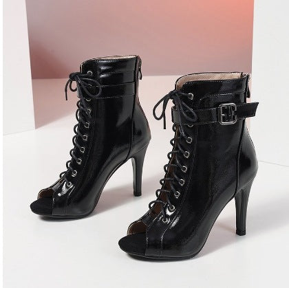 Damen Schnürstiefeletten mit offener Zehenpartie und hohem Absatz EB