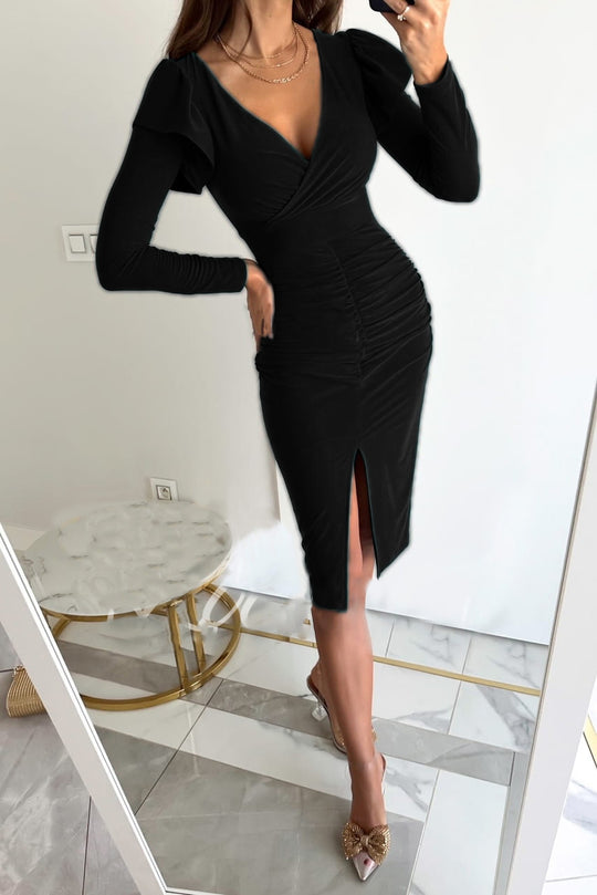 Damen figurbetontes Wickelkleid mit Rüschendetails und seitlichem Schlitz EB