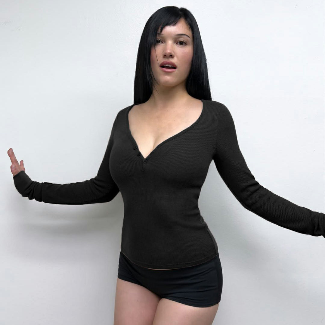 Damen nan figurbetontes geripptes Langarm-Henley-Top mit tiefem V-Ausschnitt und Knopfleiste EB