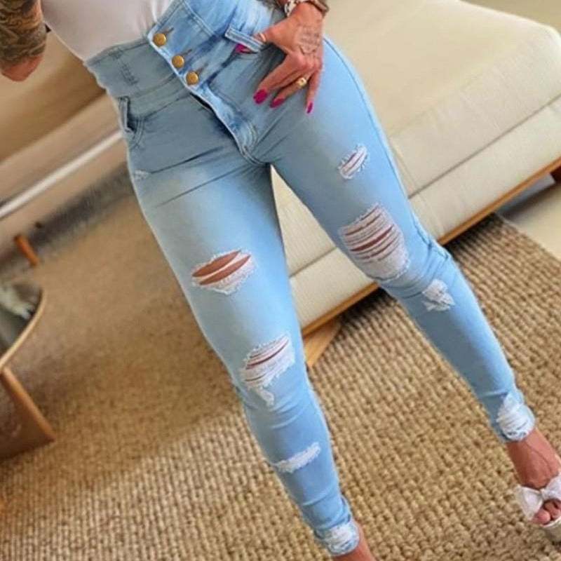 Damen High-Waist Jeans mit distressed Effekt und Knopfdetails EB