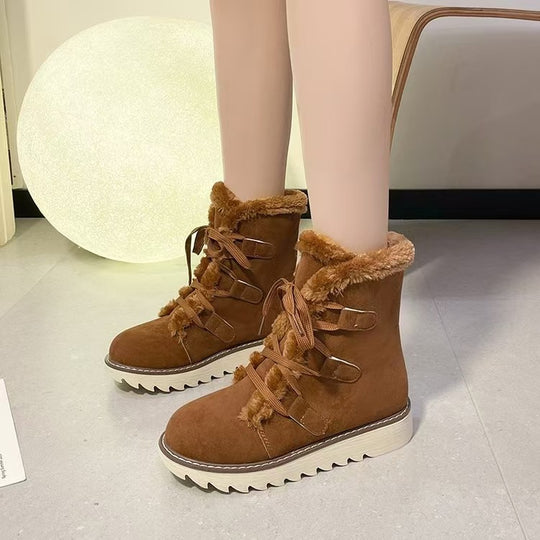Damen  gefütterte Schnürstiefelette mit Kunstfellkragen, elastischen Schlaufendetails und gezahnter Profilsohle EB