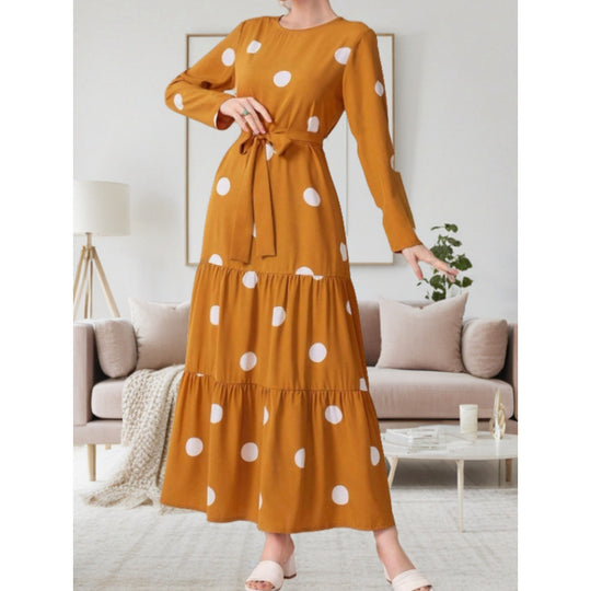 Damen Maxikleid mit buntem Polka-Dot-Muster und Taillengürtel EB