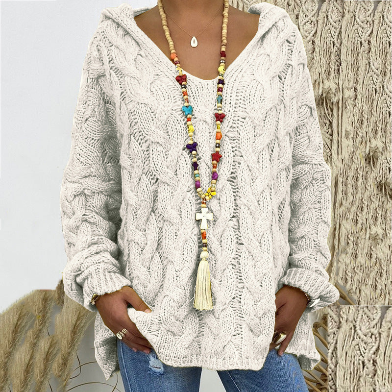 Damen nan grob gestrickter Kapuzenpullover mit Zopfmuster und weitem Oversize-Schnitt EB