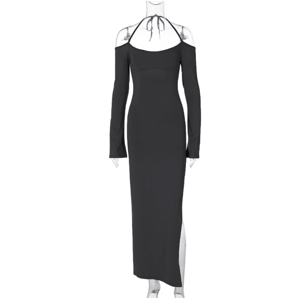 Damen langes Abendkleid mit Neckholder und schulterfreiem Bell-Ärmel, figurbetonter Taillenraffung und hohem seitlichem Beinschlitz Eichborn Berlin