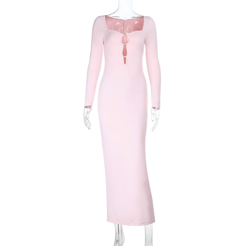 Damen elegantes Maxikleid mit transparentem Ausschnitt und langem Arm EB