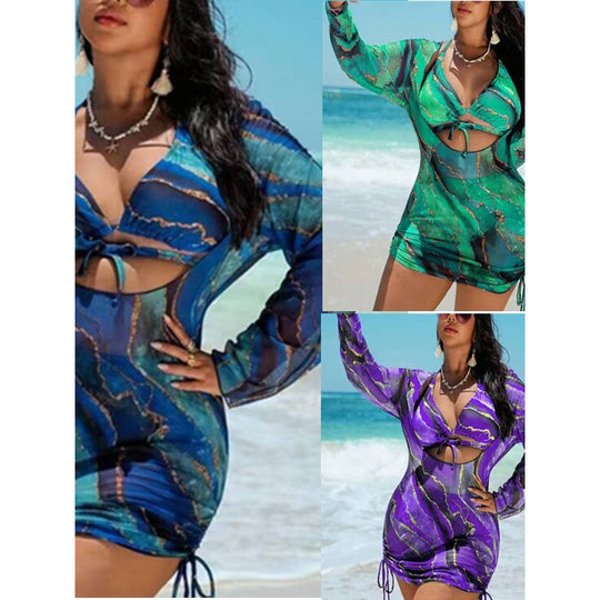 Damen Strandkleid mit transparenten Einsätzen und modischem Wickel-Design EB