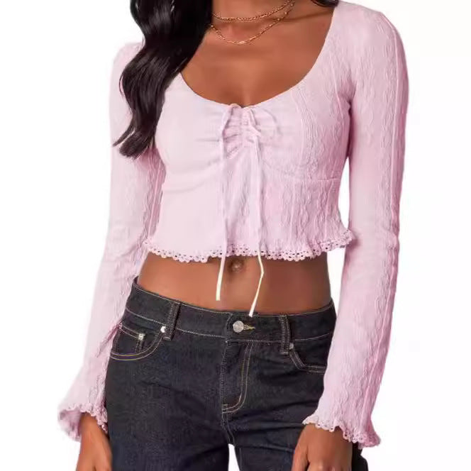 Damen Cropped Top mit Schnüroptik und Spitzenverzierungen EB