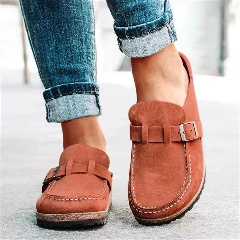 Damen Veloursleder-Slipper mit ergonomischer Korksohle und verstellbarem Schnallenriemen EB