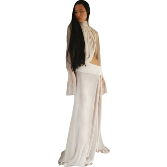 Damen elegantes Maxikleid mit durchscheinenden Ärmeln und seitlichem Schlitz EB