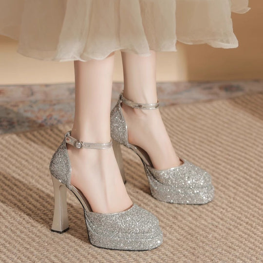 Damen Glitzernde Plateau-Pumps mit elegantem Knöchelriemen EB