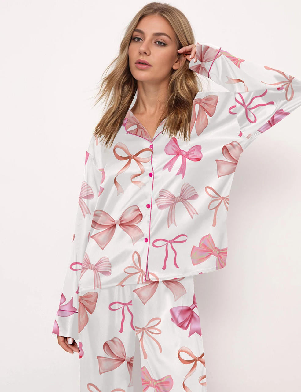 Damen Satin Pyjama-Set mit verspieltem Schleifenmuster EB