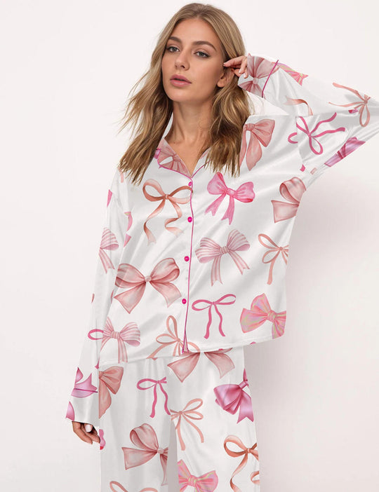 Damen Satin Pyjama-Set mit verspieltem Schleifenmuster EB
