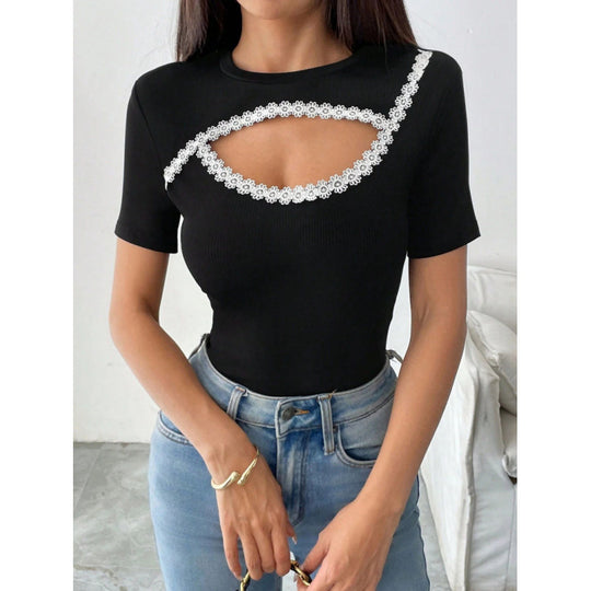 Damen Figurbetontes Bodysuit mit feinem Spitzenbesatz EB
