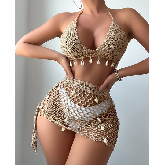 Damen Häkel-Bikini-Set mit charmanten Muscheldetails und verstellbarem Unterteil EB