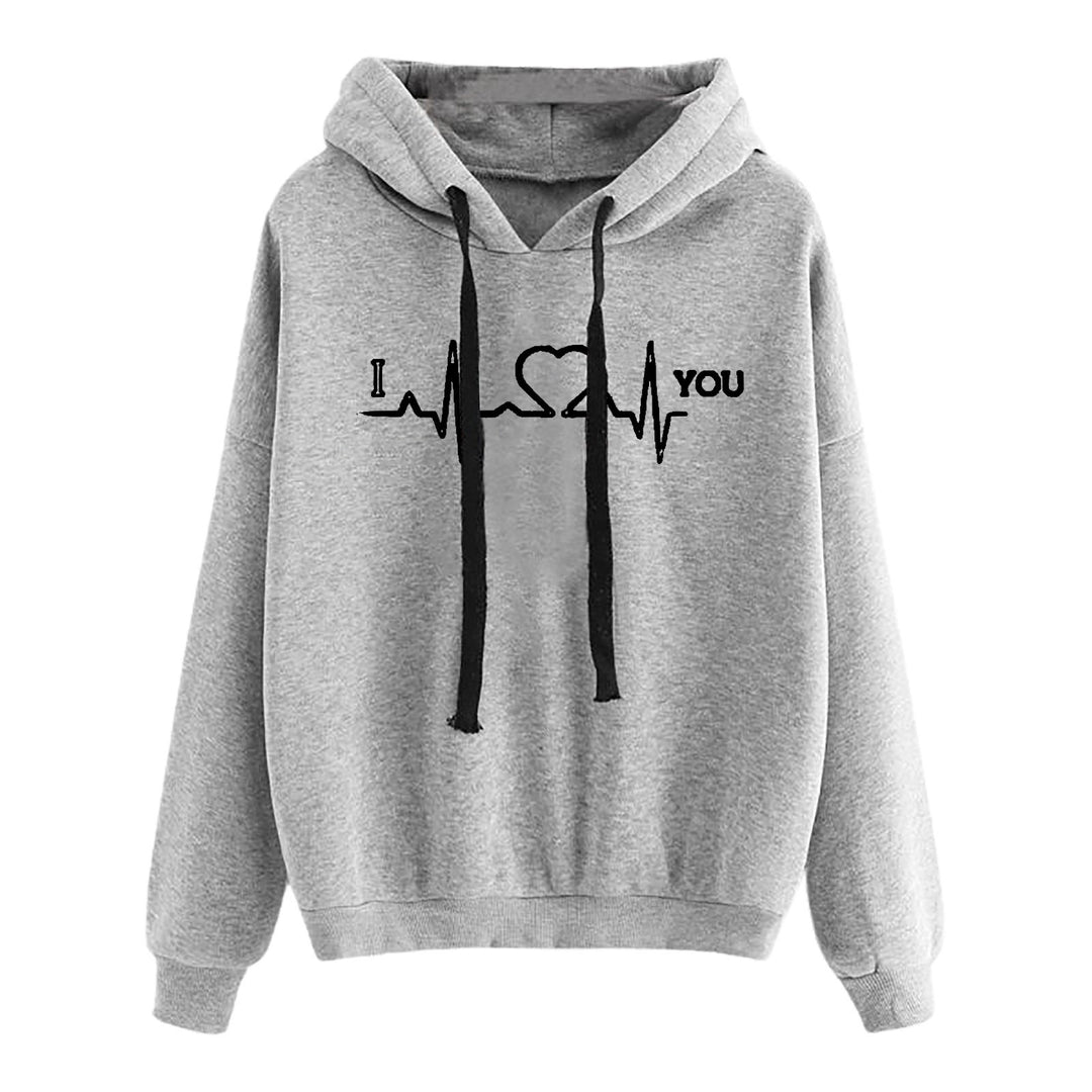 Damen nan leichter Oversize Kapuzenpullover mit Herz‑EKG‑Motiv, langen Kordeln und elastischem Bund EB