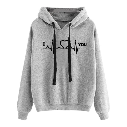 Damen nan leichter Oversize Kapuzenpullover mit Herz‑EKG‑Motiv, langen Kordeln und elastischem Bund EB