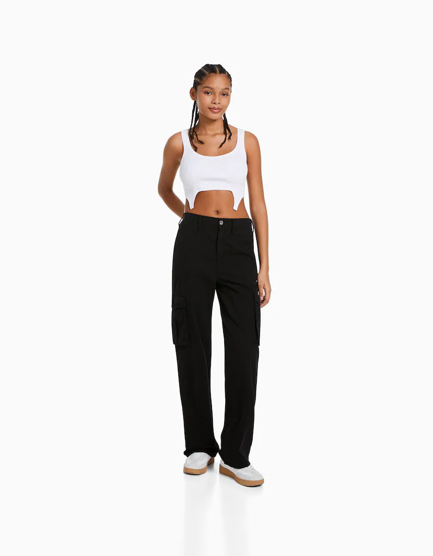 Damen nan weite High-Waist Cargo-Hose mit aufgesetzten Pattentaschen und geradem Bein EB