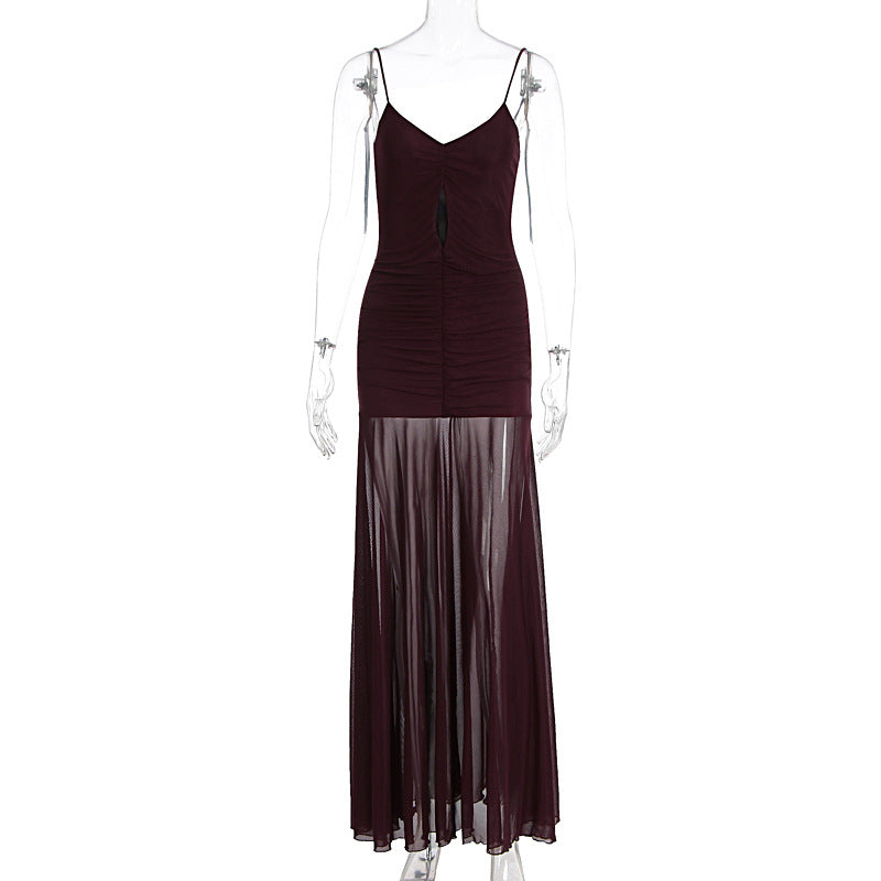 Damen Elegantes Langarm-Maxikleid mit transparentem Rock EB