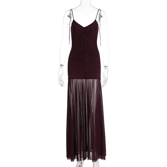 Damen Elegantes Langarm-Maxikleid mit transparentem Rock EB