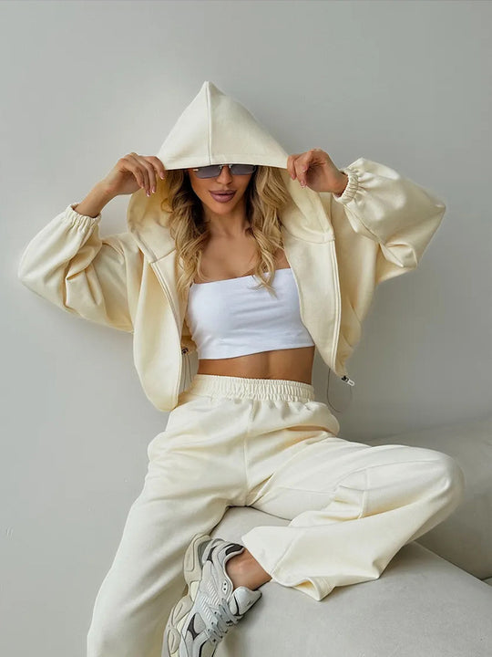 Damen lässiges Lounge-Set mit Hoodie und weiten Hosen EB