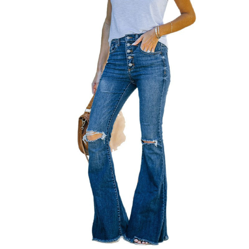 Damen Flared Jeans mit modischen Destroyed-Effekten und knopfdetail EB