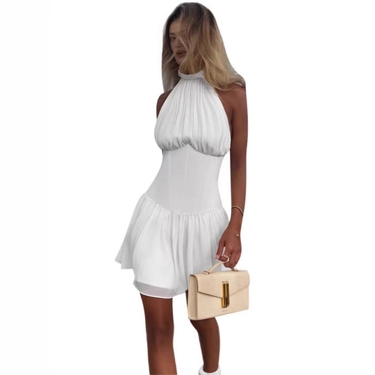 Damen schulterfreies Minikleid mit elegantem Halterneck und schwingendem Rock EB