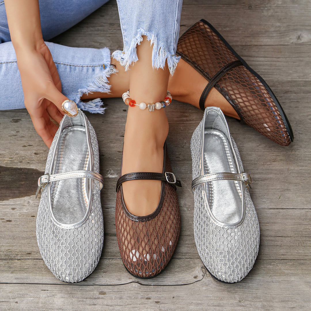 Damen Elegante Ballerinas mit modischem Netzdesign und dekorativer Schnallen-Applikation EB