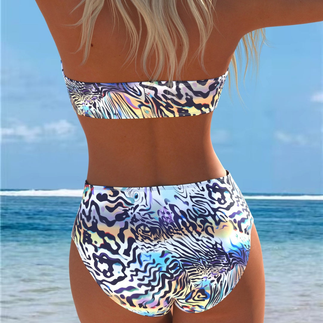 Damen Bandeau-Bikini-Set mit hohem Schnitt und dynamischem Wellenmuster EB