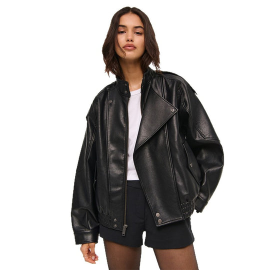 Damen Modische Kunstlederjacke im oversized Schnitt mit strukturierten Details EB
