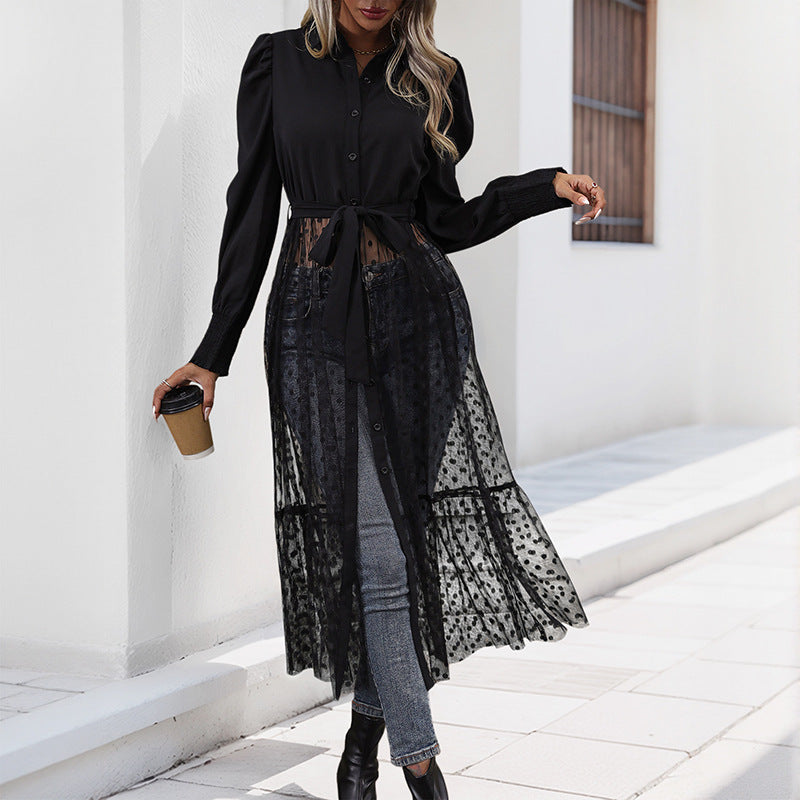 Damen elegantes Maxikleid mit transparenter Überlagerung und taillierbarem Gürtel EB