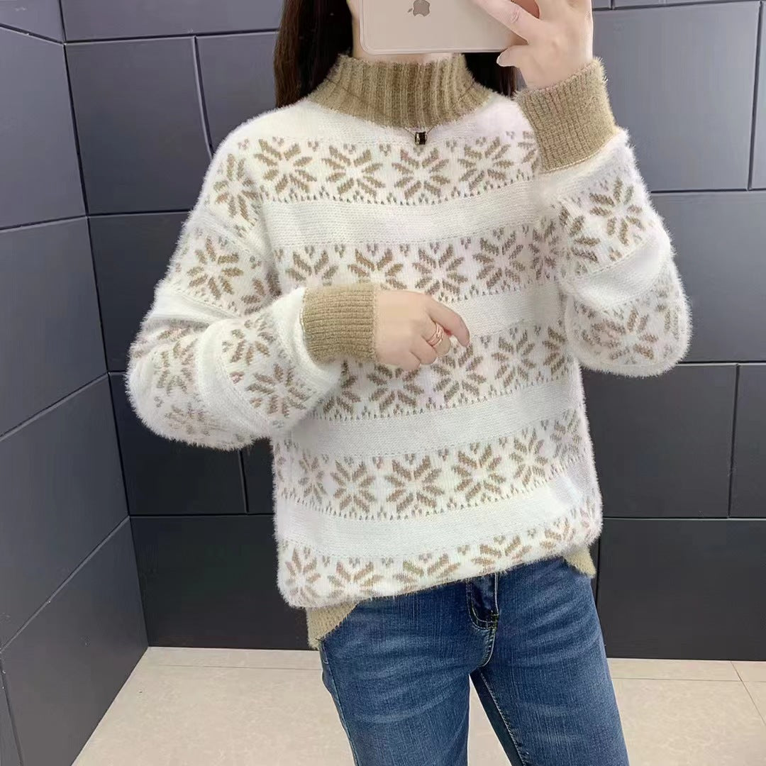 Damen Strickpullover mit modernem Schneeflocken-Muster und Stehkragen EB