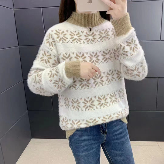 Damen Strickpullover mit modernem Schneeflocken-Muster und Stehkragen EB