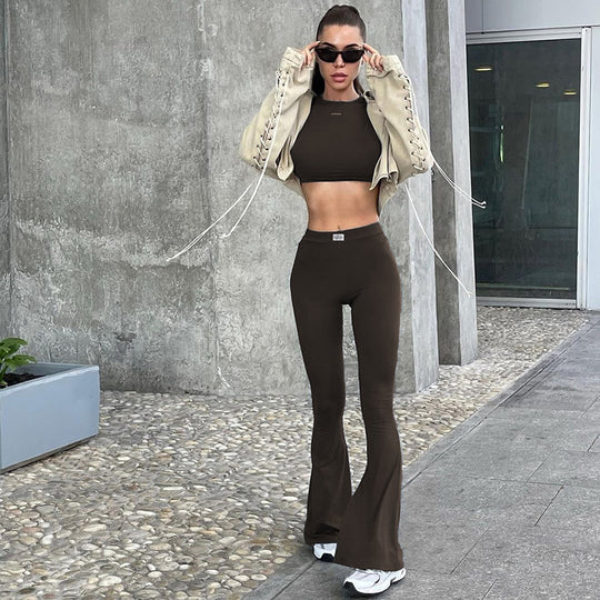 Damen Langarm Cropped Top und Flared Pants Set EB