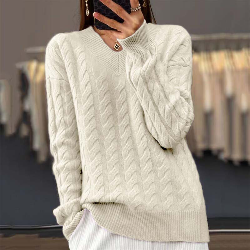 EB | Strickpullover mit Flechtmuster und V-ausschnitt Acryl Weich und Warm