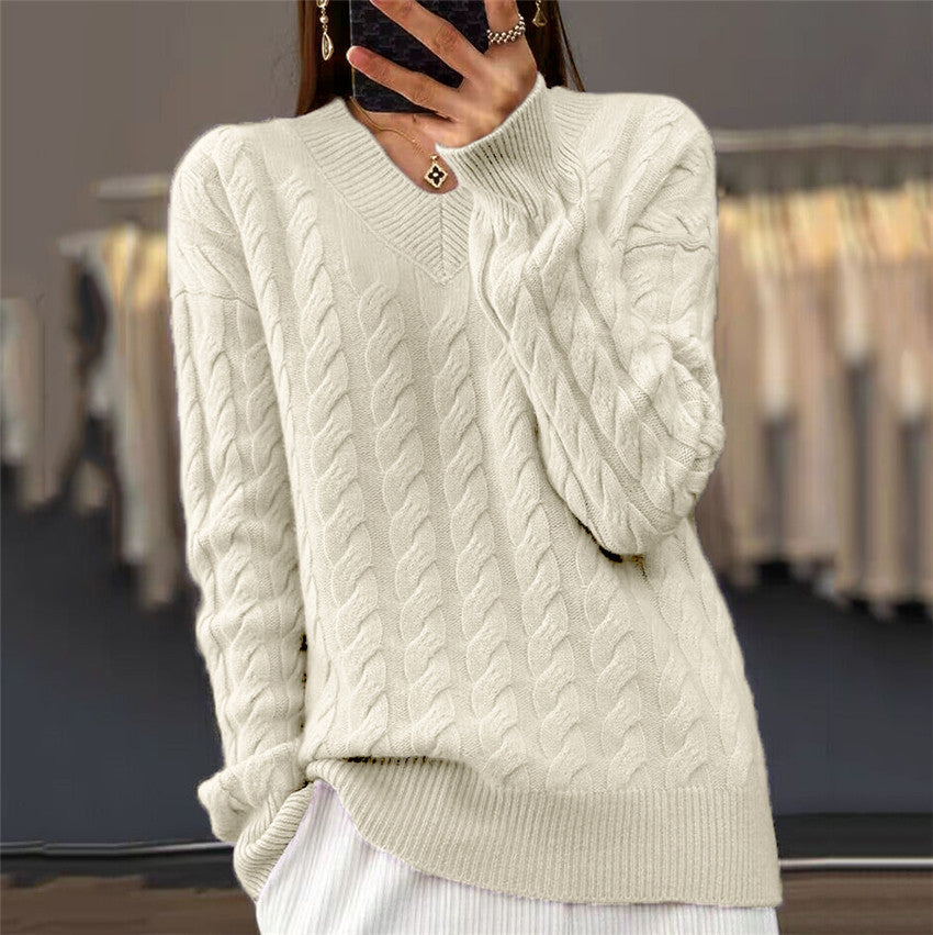 Damen nan weich fallender Zopfmuster-Pullover mit V-Ausschnitt, Oversize-Schnitt und geripptem Saum EB