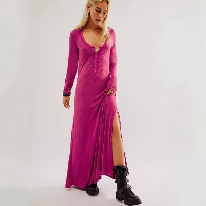 Damen Maxikleid mit knopflosem Ausschnitt und seitlichem Schlitz EB