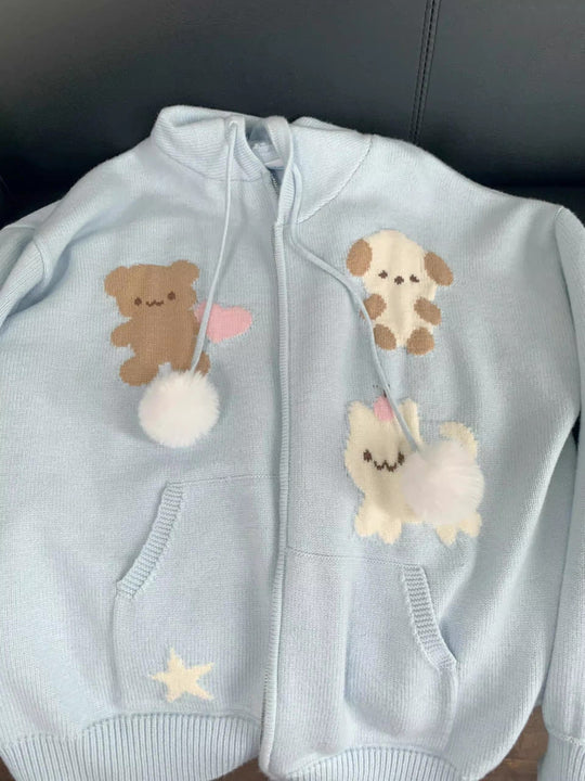 Damen Kapuzenjacke mit verspielten Tiermotiven und Pompoms EB