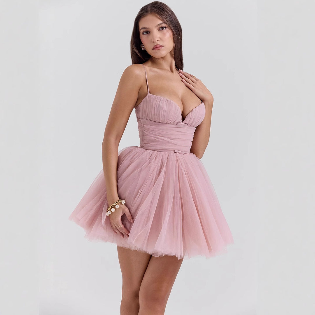 Damen Tüll Cocktailkleid mit tiefem V-Ausschnitt und voluminösem Rock EB