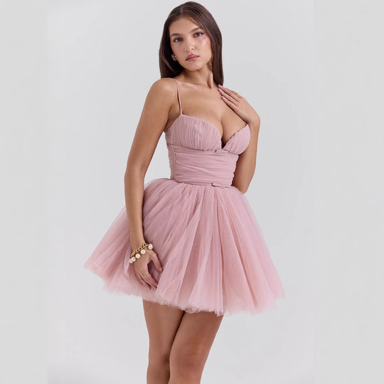 Damen Tüll Cocktailkleid mit tiefem V-Ausschnitt und voluminösem Rock EB
