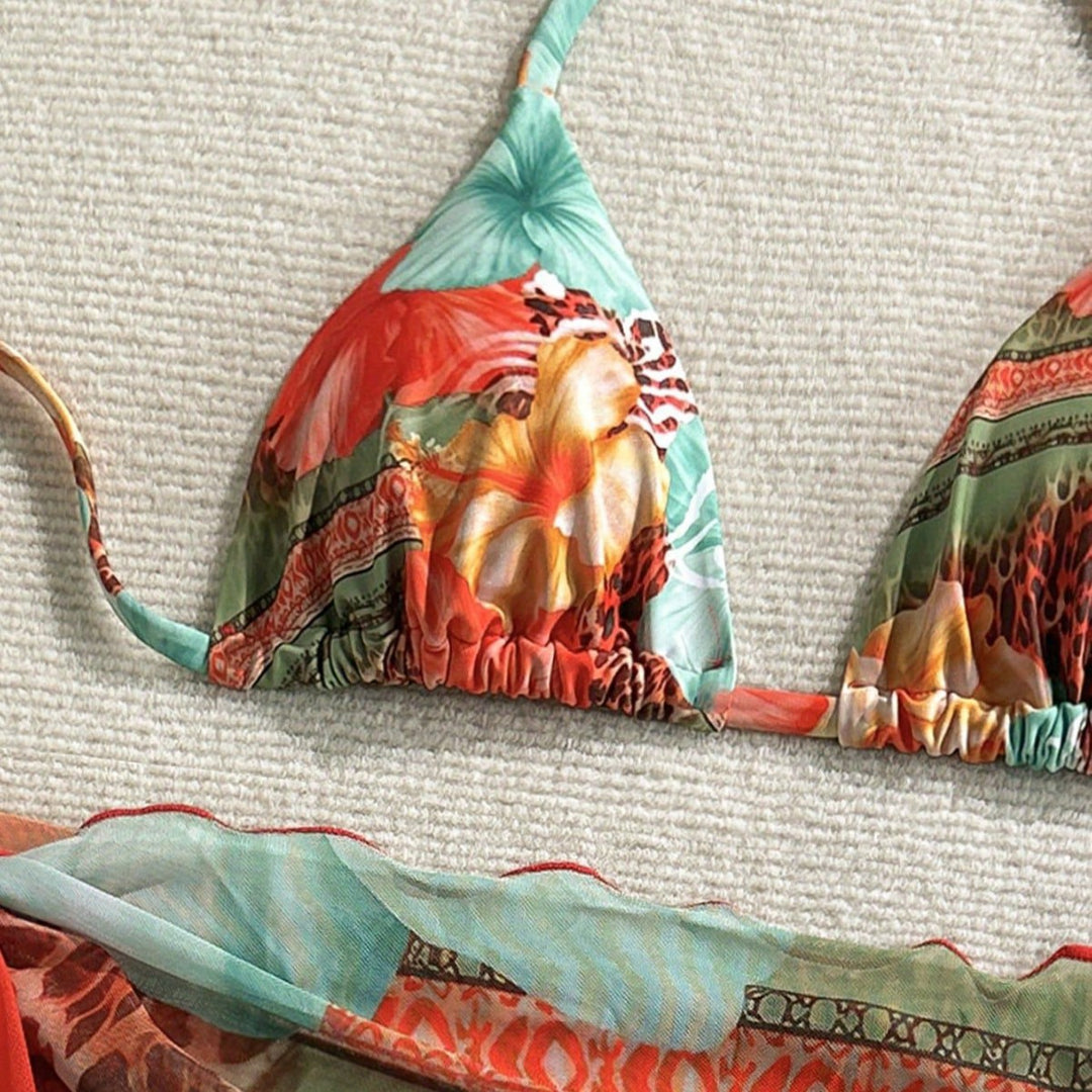 Damen Florales Bikini-Set mit Kombination aus Oberteil und Wickeltuch EB