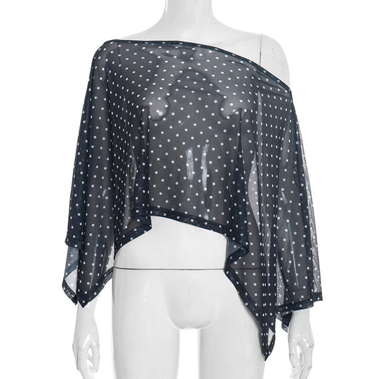 Damen transparentes Oberteil mit asymmetrischem Schnitt und Polka-Dots EB