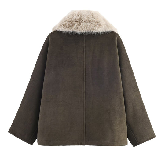 Damen eleganter Oversized-Mantel mit abnehmbarem Kunstfellkragen EB