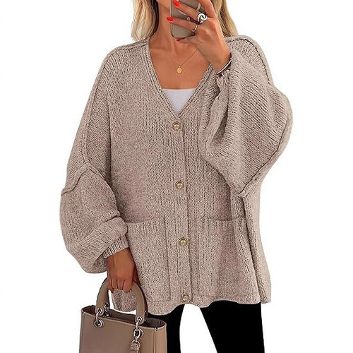 Damen Oversized Strickjacke mit Knöpfen und großen Taschen EB