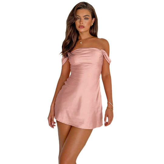 Damen schulterfreies Satin Minikleid mit romantischen Bindebändern EB
