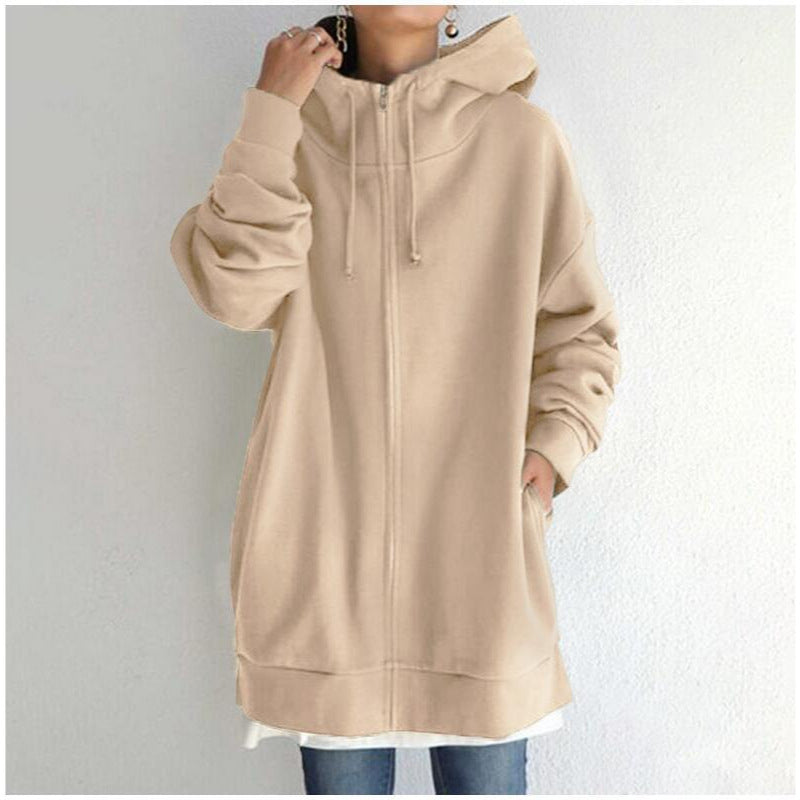 Damen nan oversized Kapuzenlongpullover mit Reißverschluss und Eingrifftaschen EB
