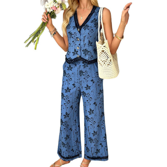 Damen Zweiteiliges Set mit floralem Muster und kontrastierenden Details EB