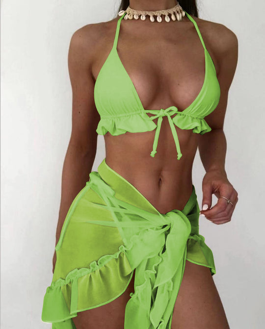 Damen Bikini mit Rüschen und transparentem Wickelrock EB