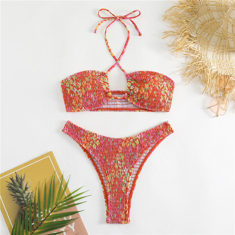 Damen Bandeau-Bikini mit verspieltem Wickeldetail und buntem Design EB